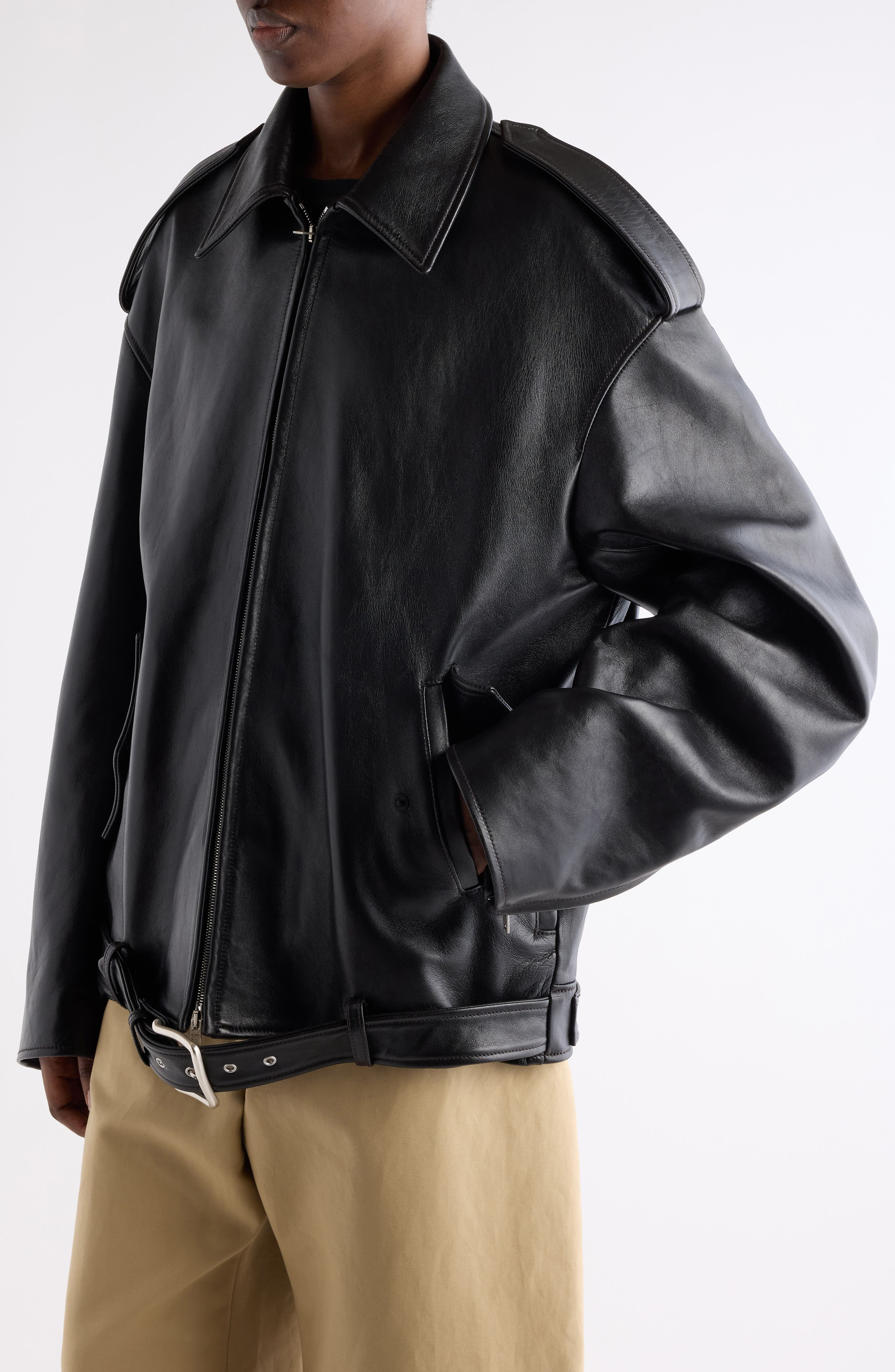 Acne Studios Linaga Oversize Leather Moto Jacket in Black at Nordstrom - 5