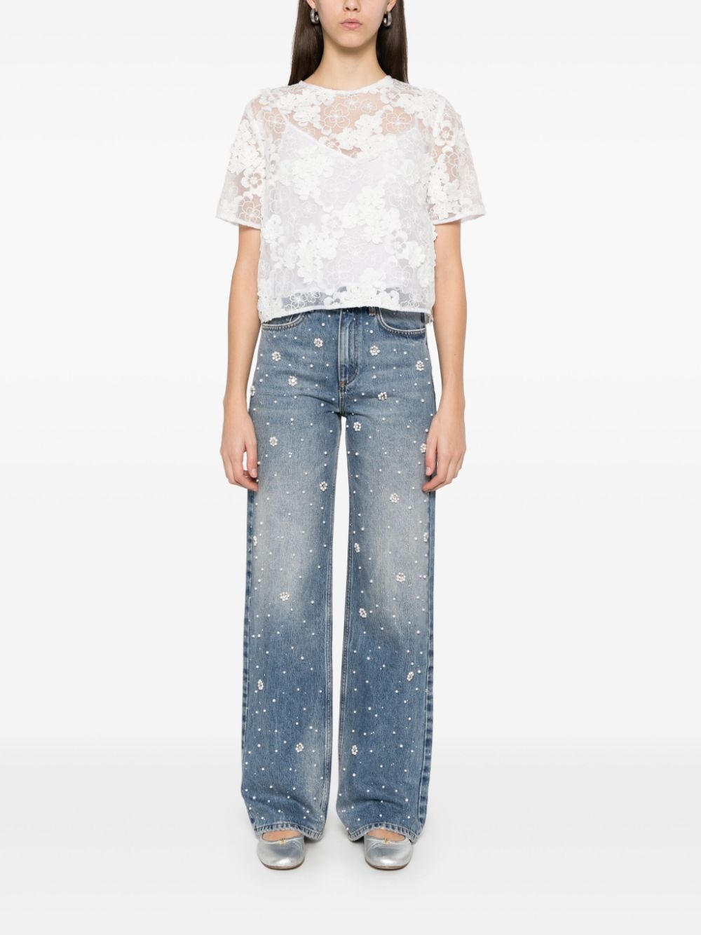 floral-lace T-shirt - 2