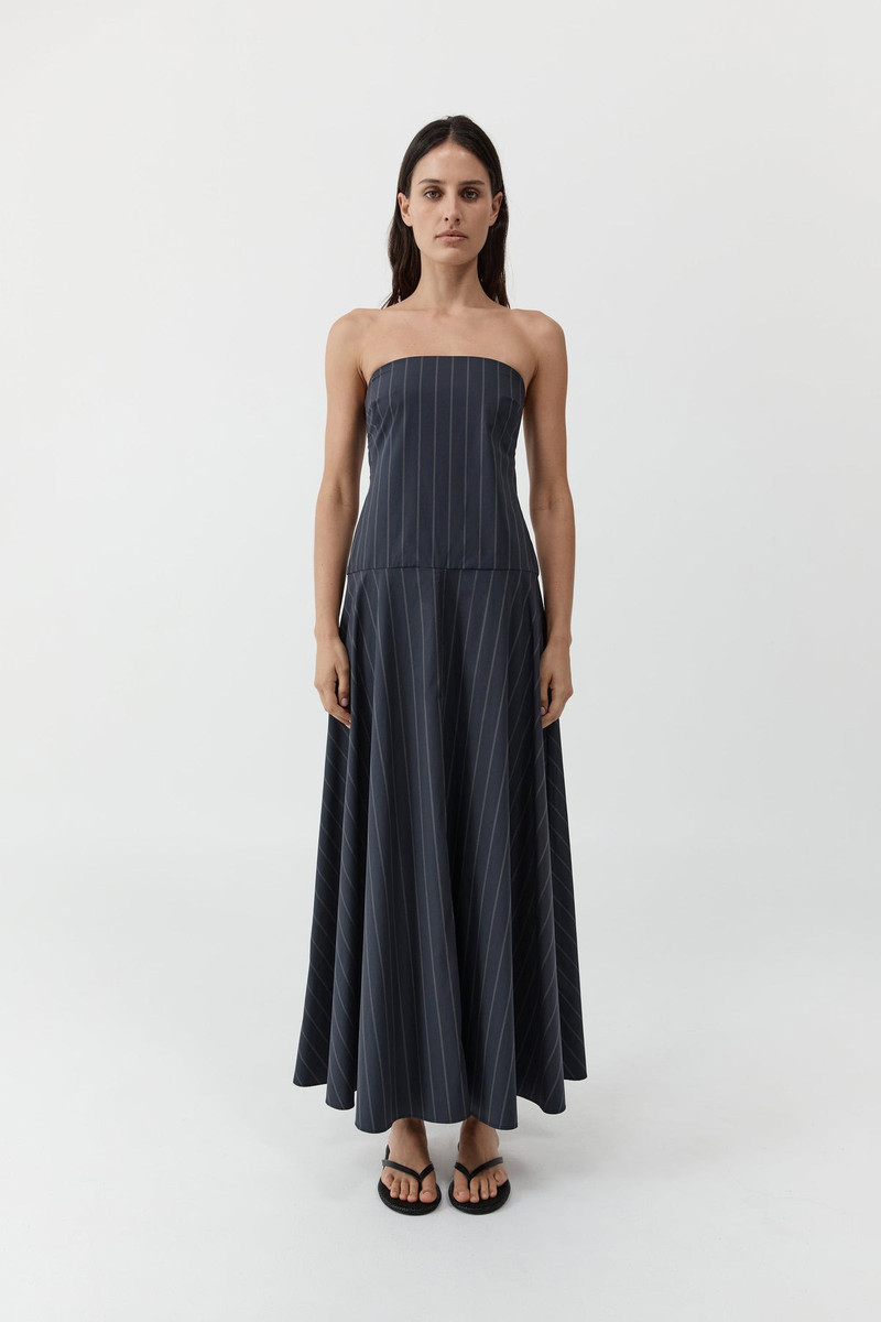ST. AGNI Strapless Rouleau Dress - Ink Stripe outlook