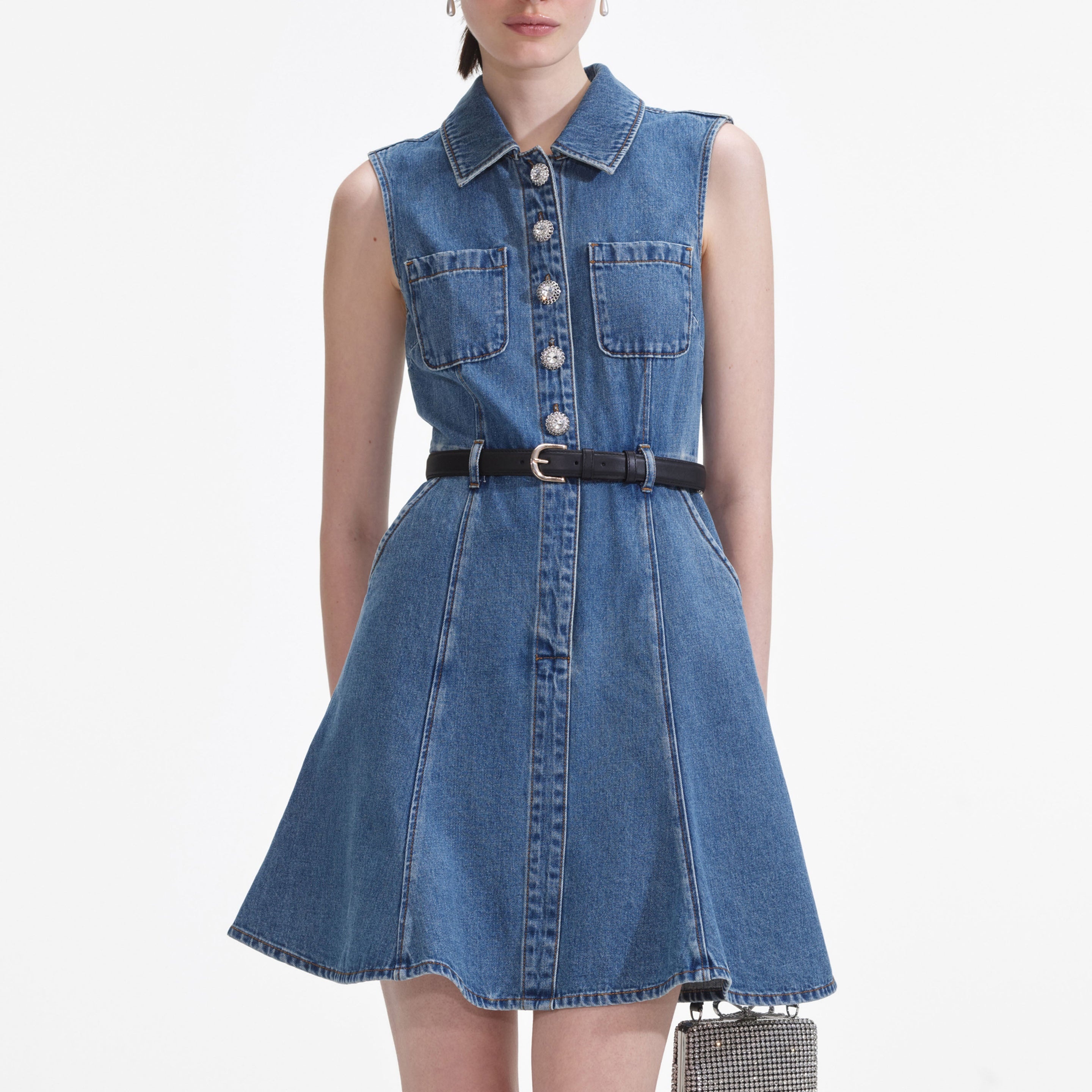 Denim Sleeveless Pearl Mini Dress - 4