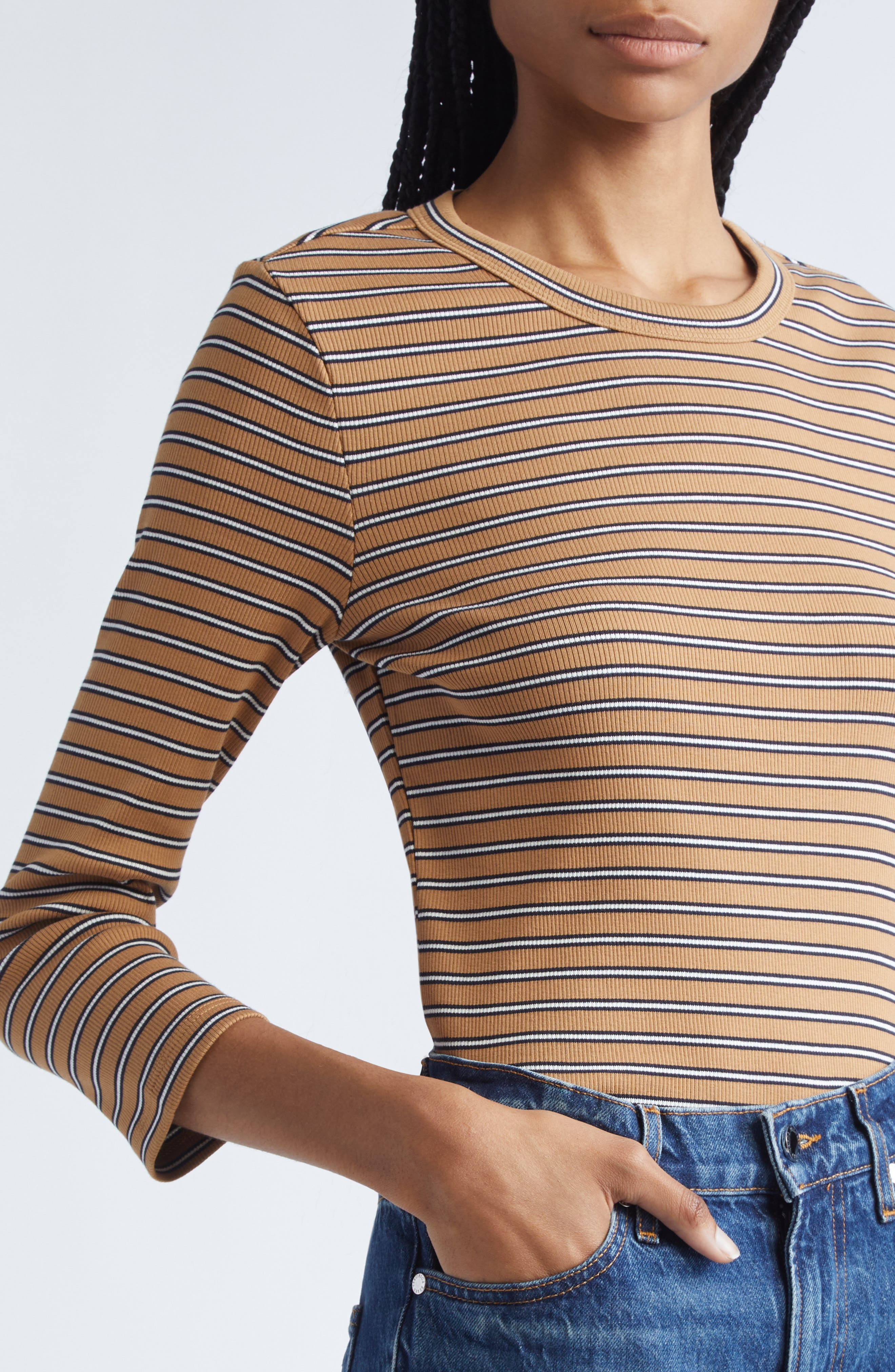 Veronica Beard Pruitt Stripe Three Quarter Sleeve Cotton T-Shirt in Brown Multi at Nordstrom - 5