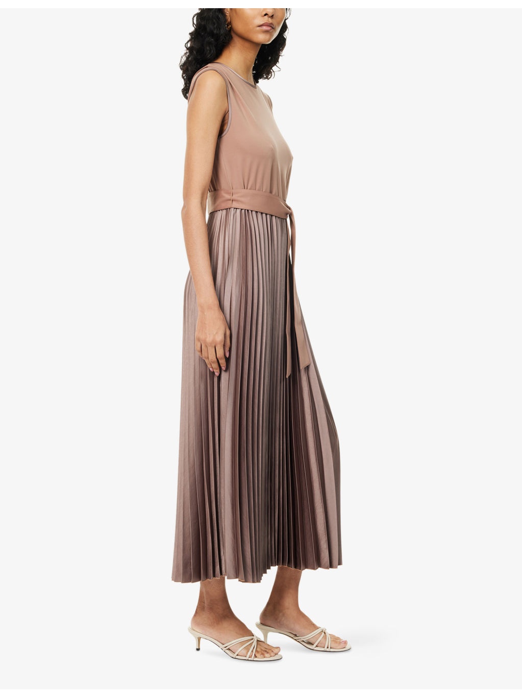 Sleeveless Pleated Jersey And Satin Midi Dress - 3