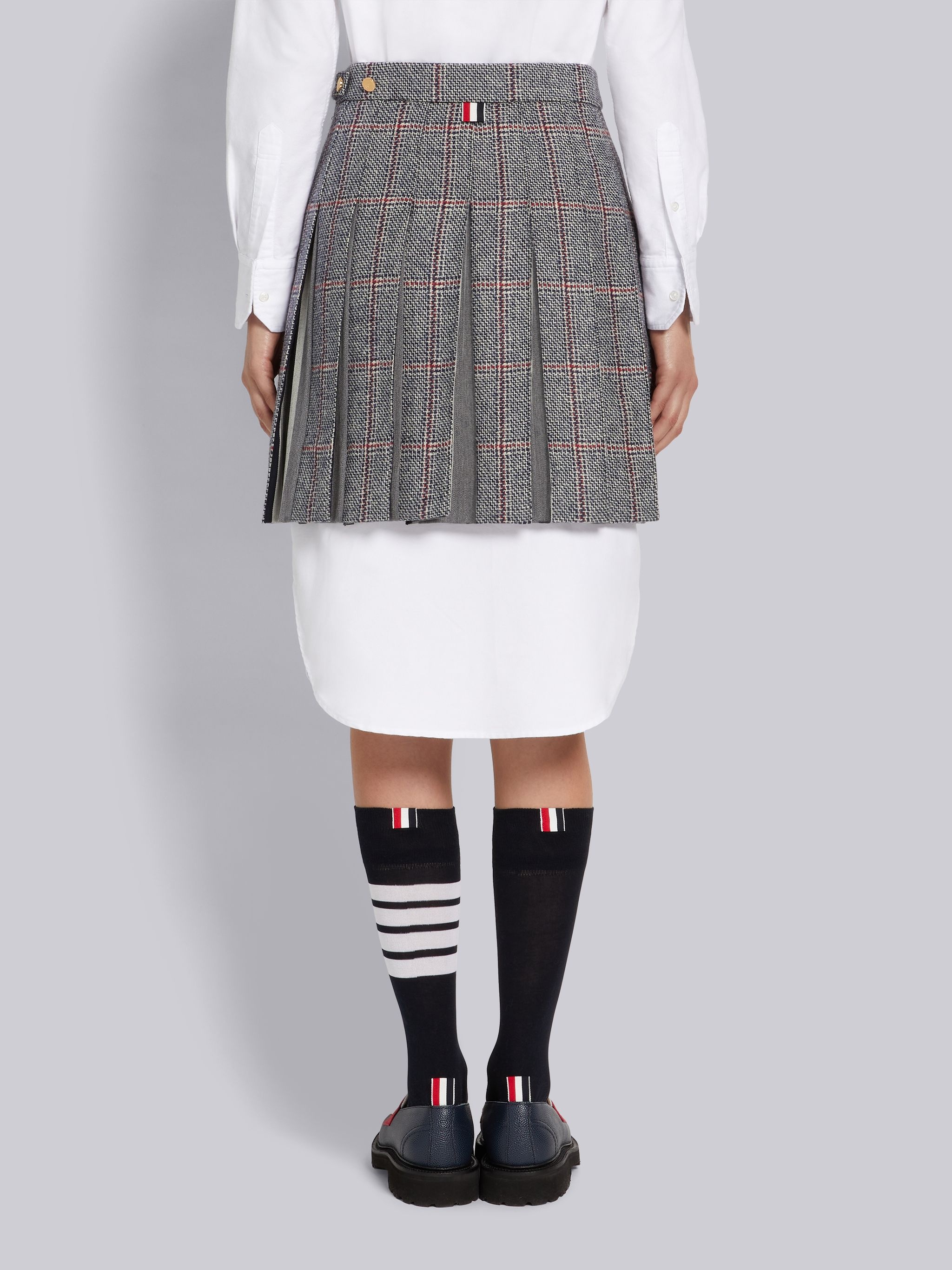 Multicolor Step Twill Windowpane British Wool Shadow Stripe Cotton Pleat Dropped Back Miniskirt - 3