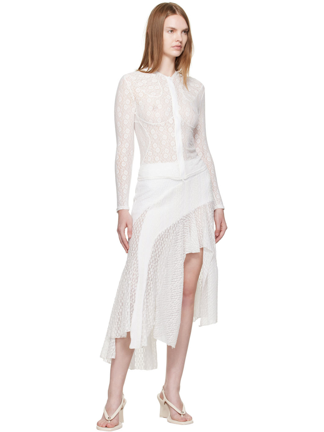 White Lace Trim Mermaid Midi Skirt - 4