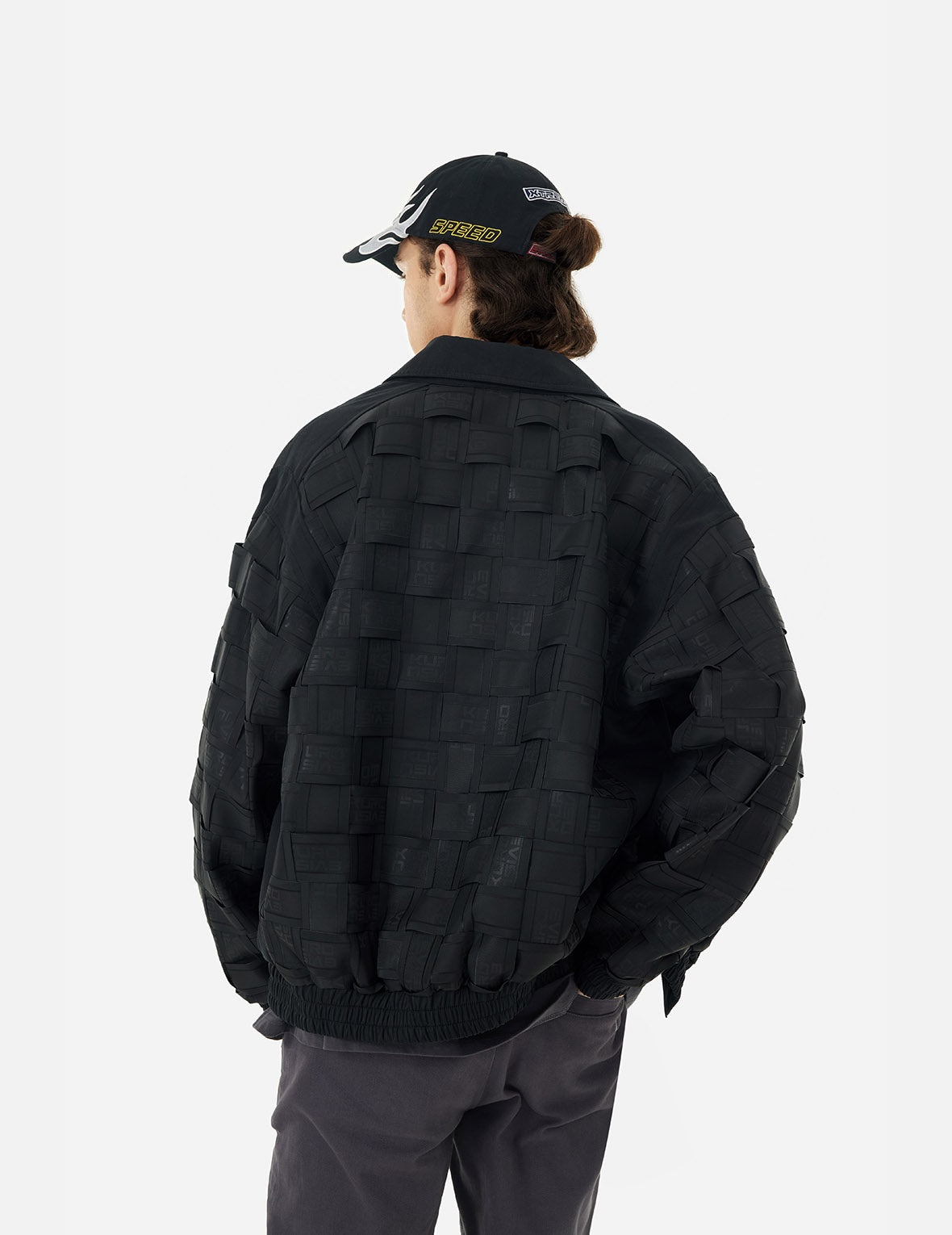 Allover Logo Print Relax Fit Tape Weaving Bomber Jacket - 5