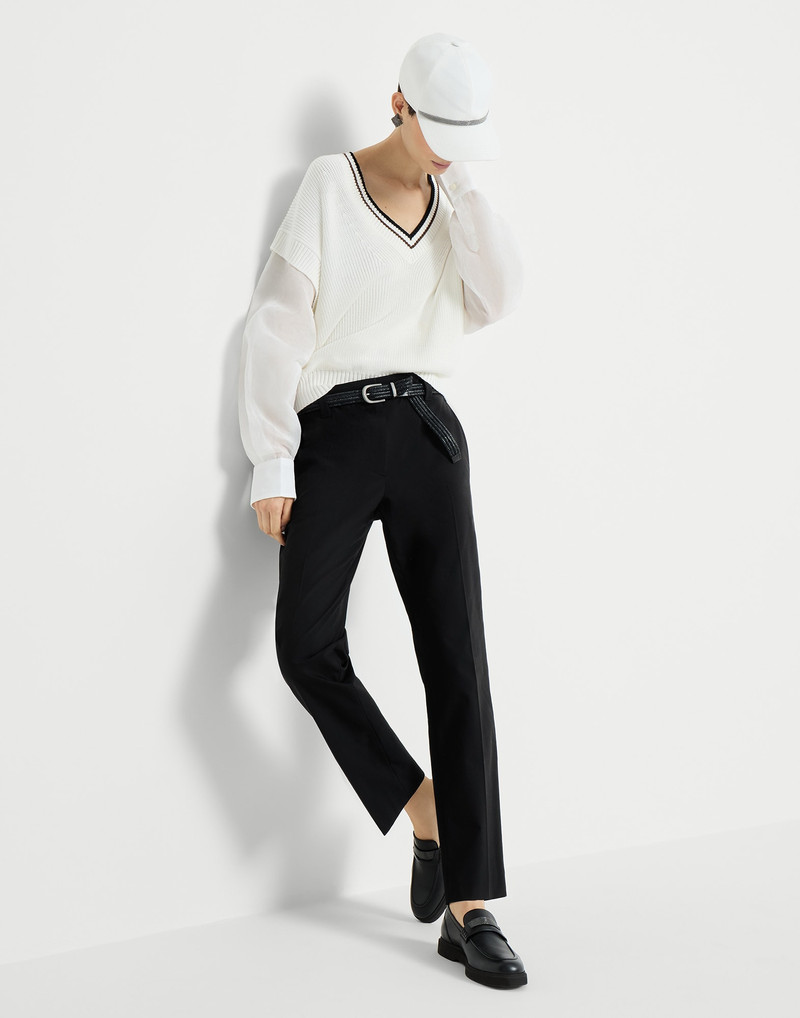 Stretch twisted cotton twill cigarette trousers with monili 5