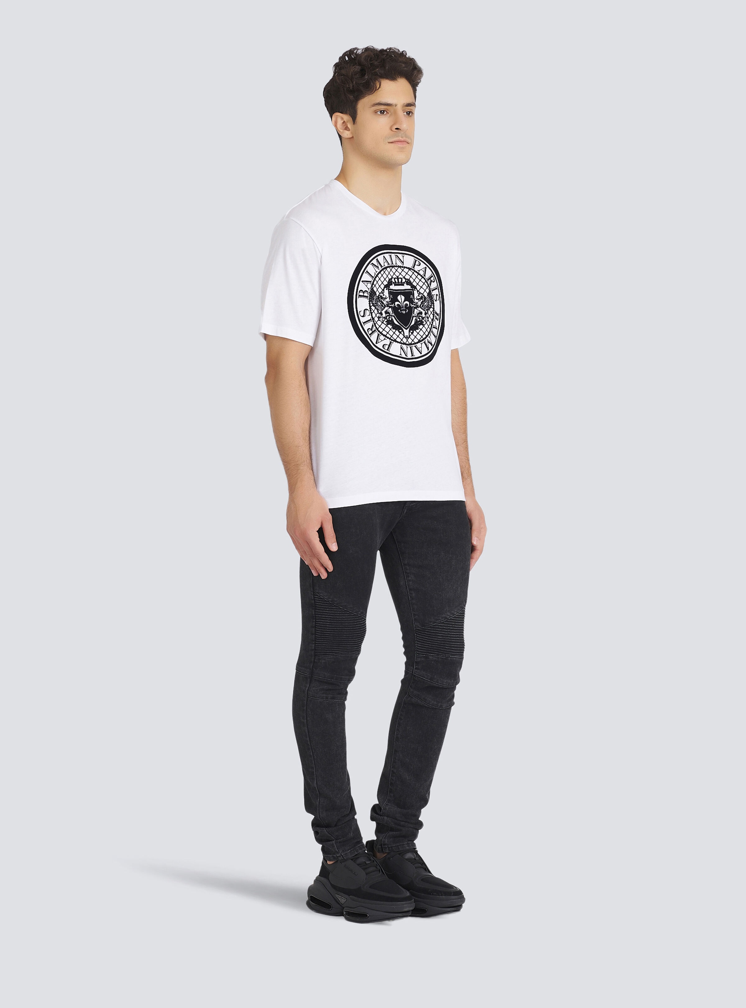 Cotton T-shirt with flocked Balmain medallion - 5