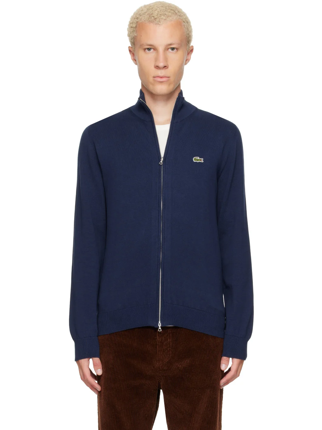 Navy Zipped High Neck Cotton Sweater - 1