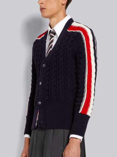 Thom Browne Navy Cable Stitch Merino Wool Stripe Sleeve V-Neck Cardigan outlook