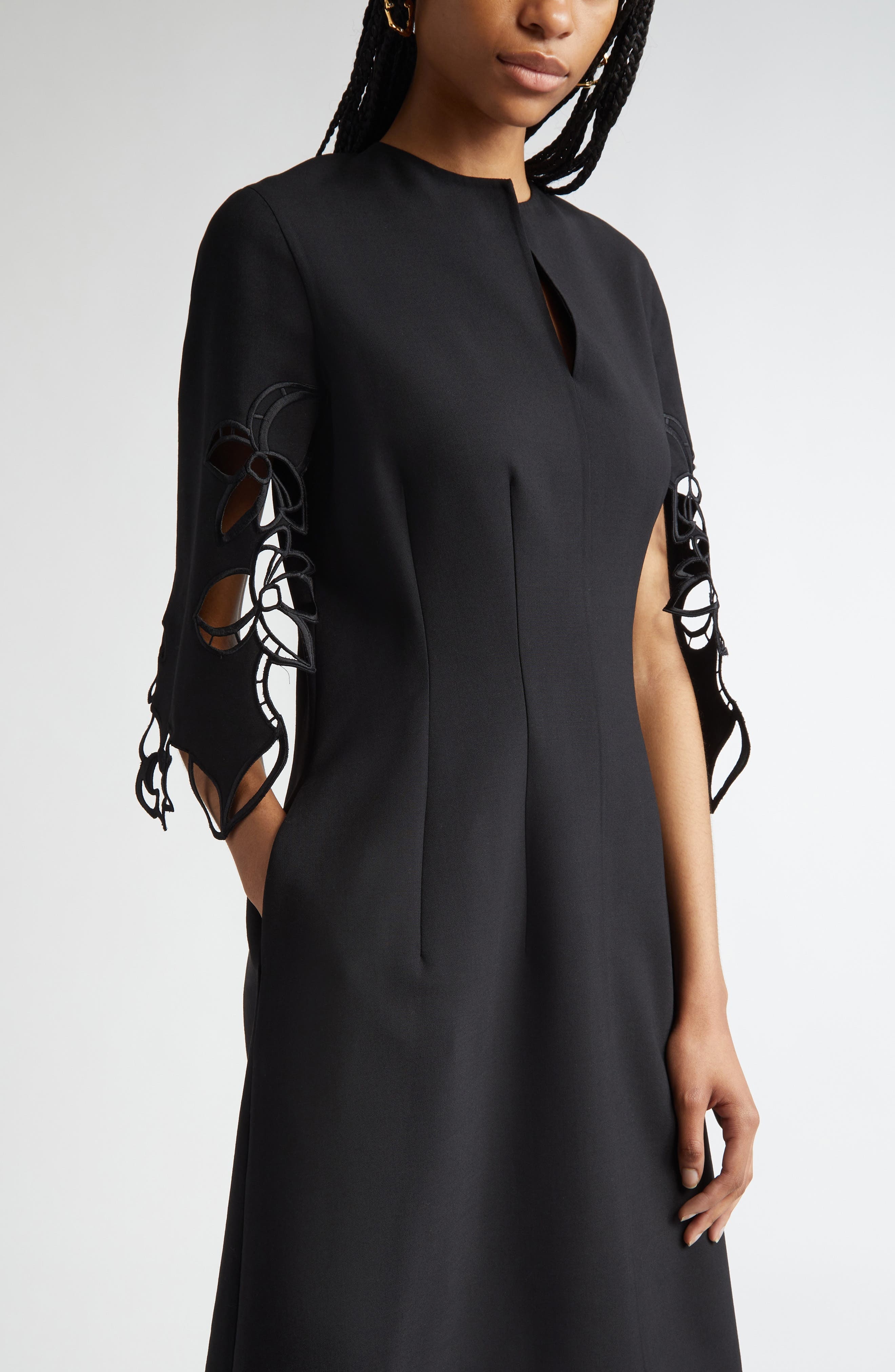 Oscar de la Renta Orchid Embroidered Split Sleeve Dress in Black at Nordstrom - 4