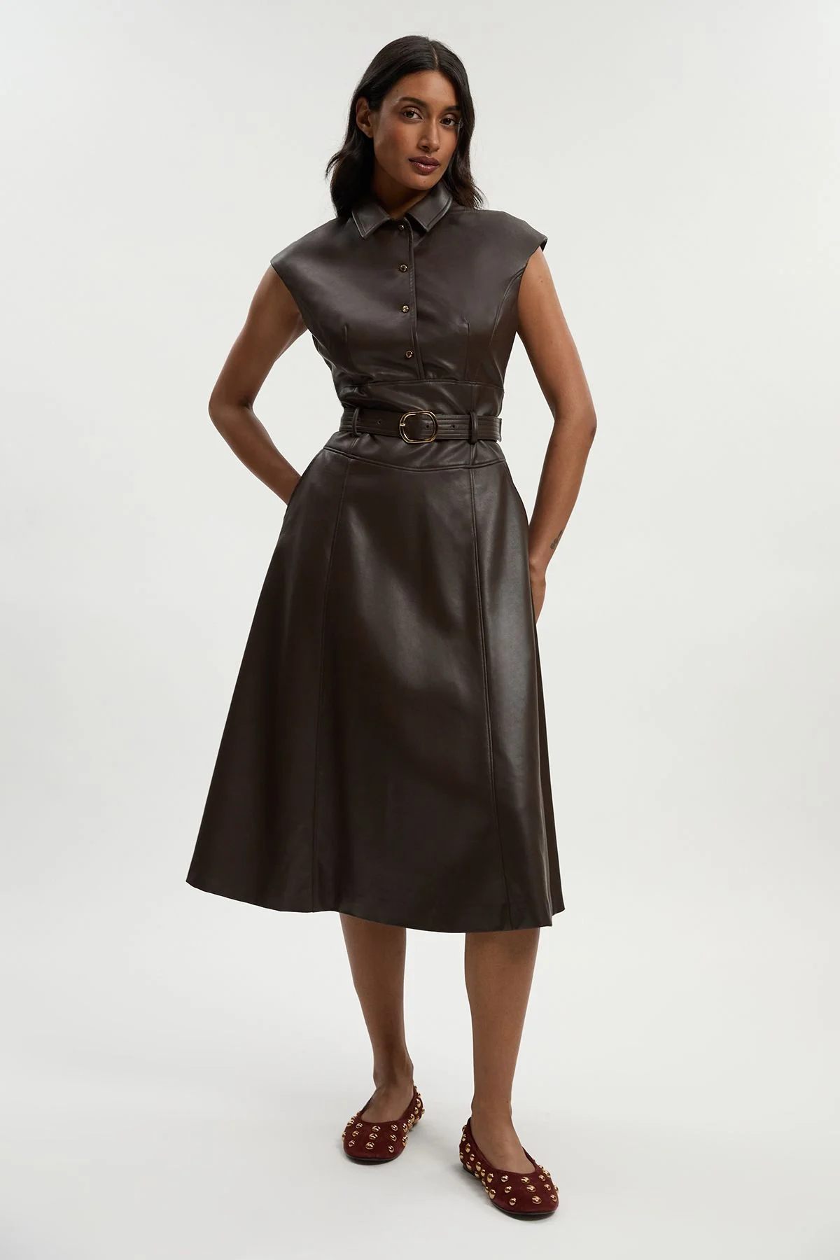 Faux Leather Belted Midi Dress - 1