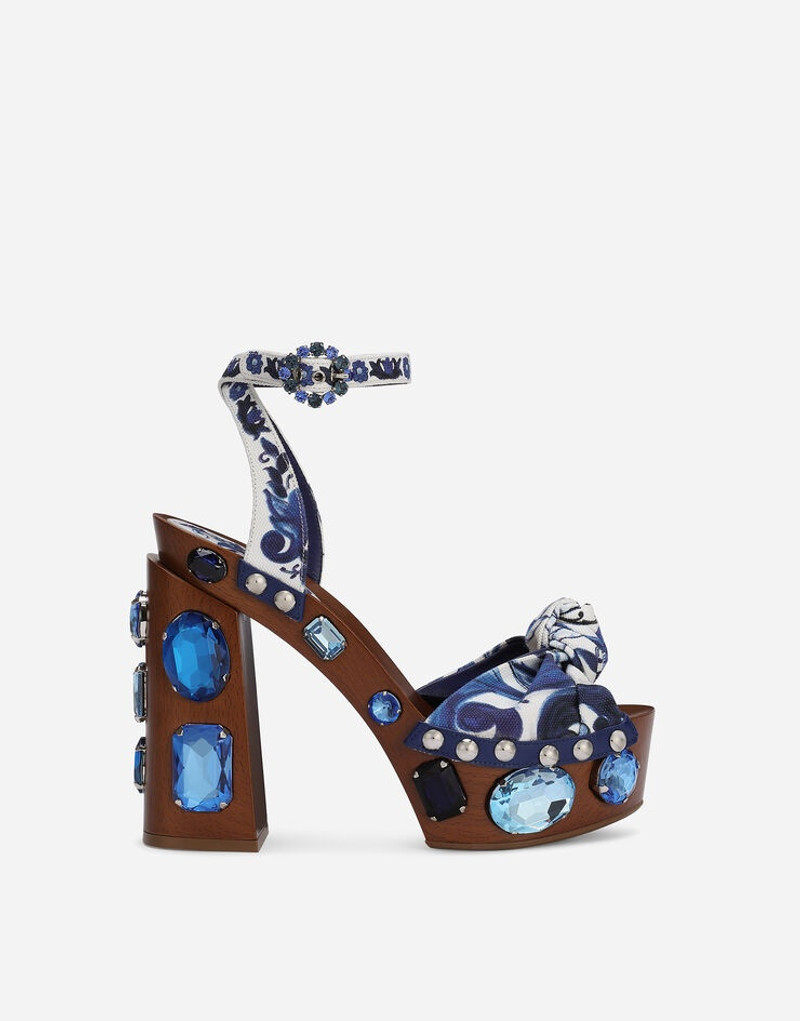 Majolica-print canvas wedge sandals with gemstones 1