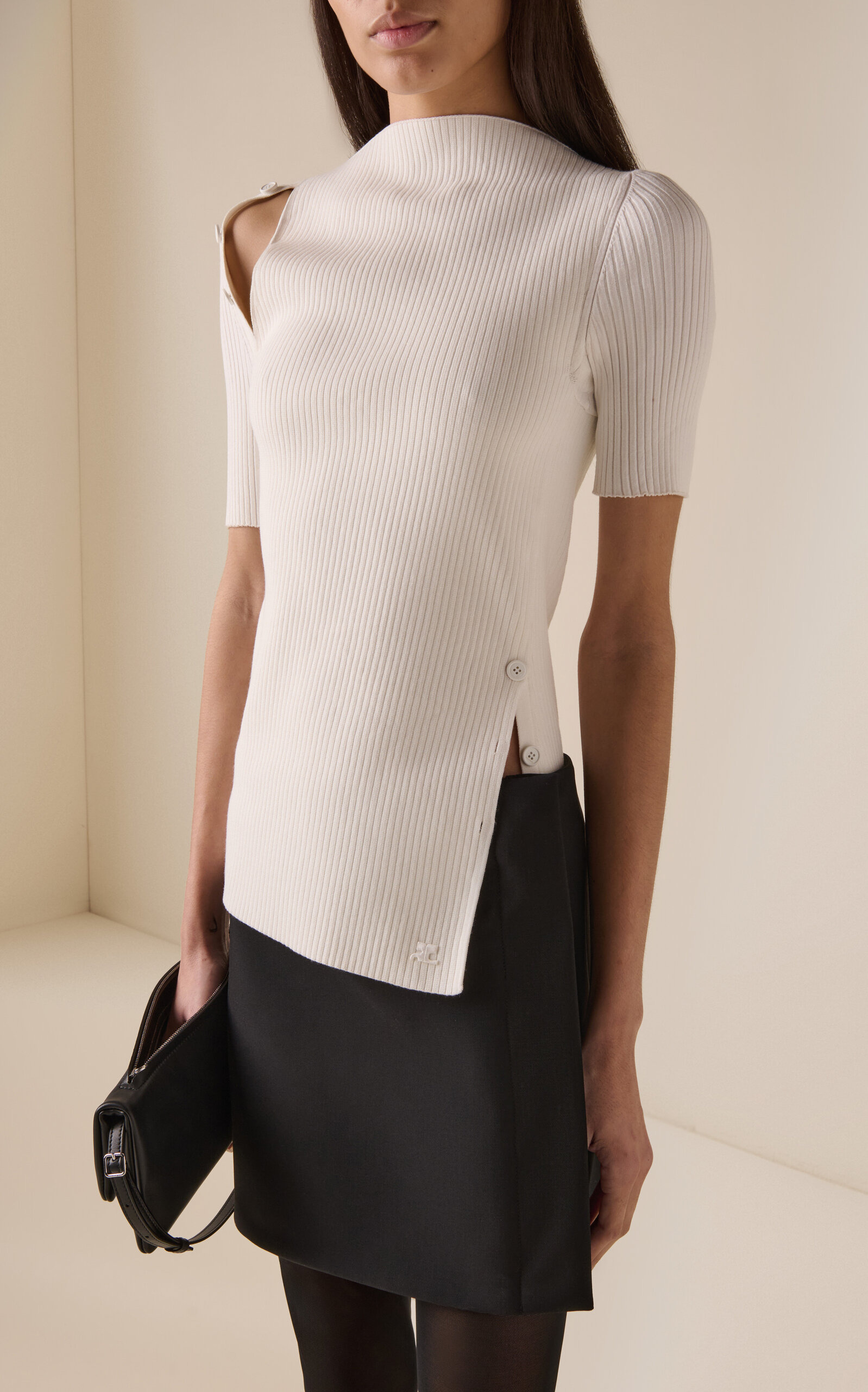 Oblique Buttoned Knit Top white - 2