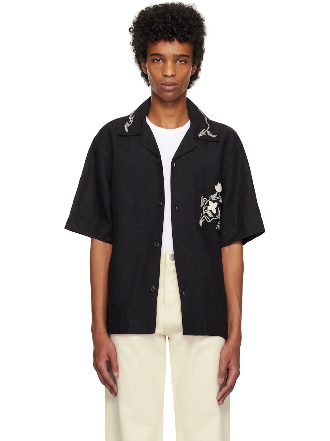 Black Hand Embroidered Short Sleeve Shirt - 1