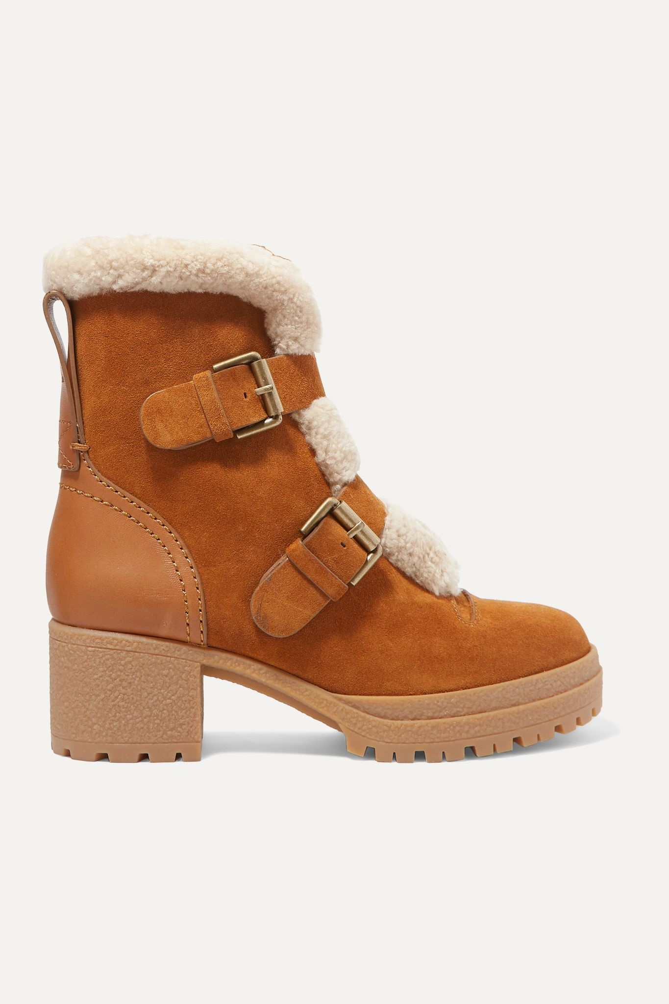 Shearling-trimmed suede and leather ankle boots - 1