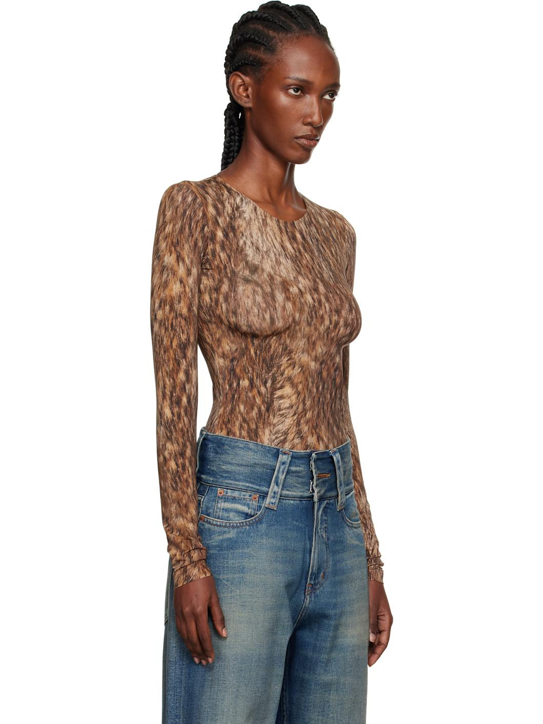 Brown Printed Jersey Bodysuit - 2