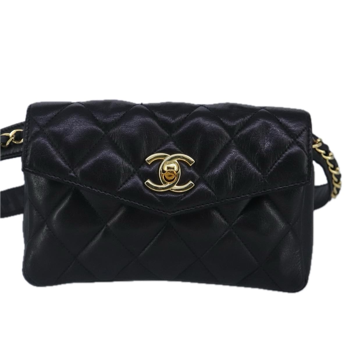 CHANEL Matelasse Chain Waist Bag Lamb Skin Black Gold CC - 13