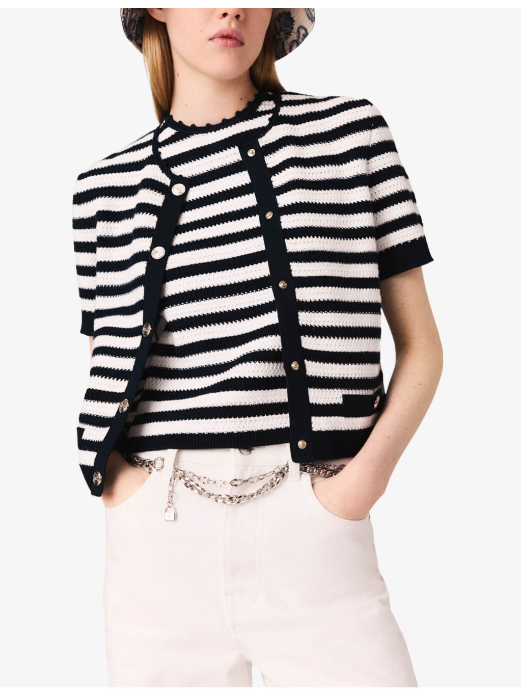 Round-Neck Striped Cropped Crochet Cardigan - 3