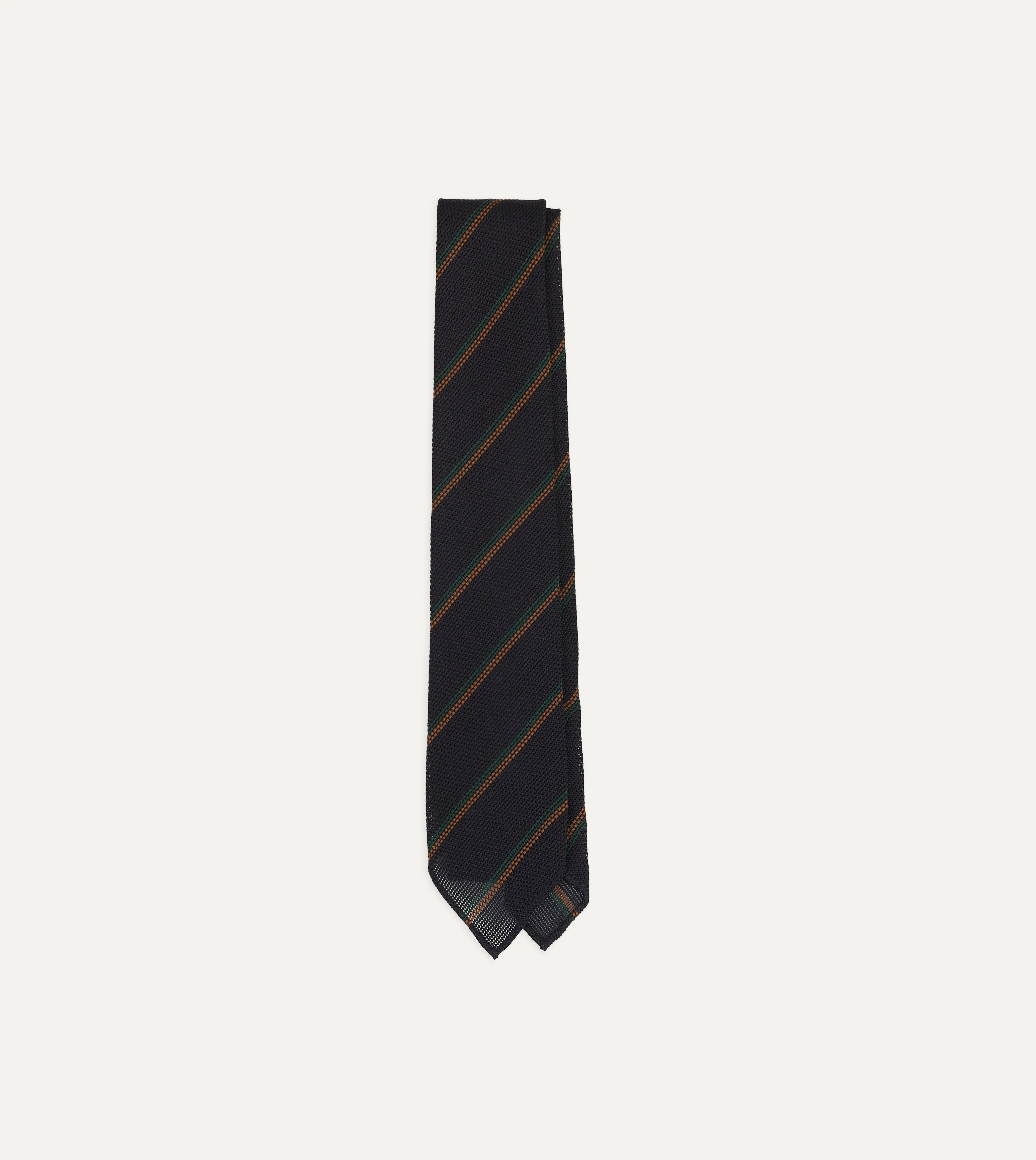 Navy, Green and Brown Stripe Grenadine Hand Rolled Wool-Silk Tie - 1