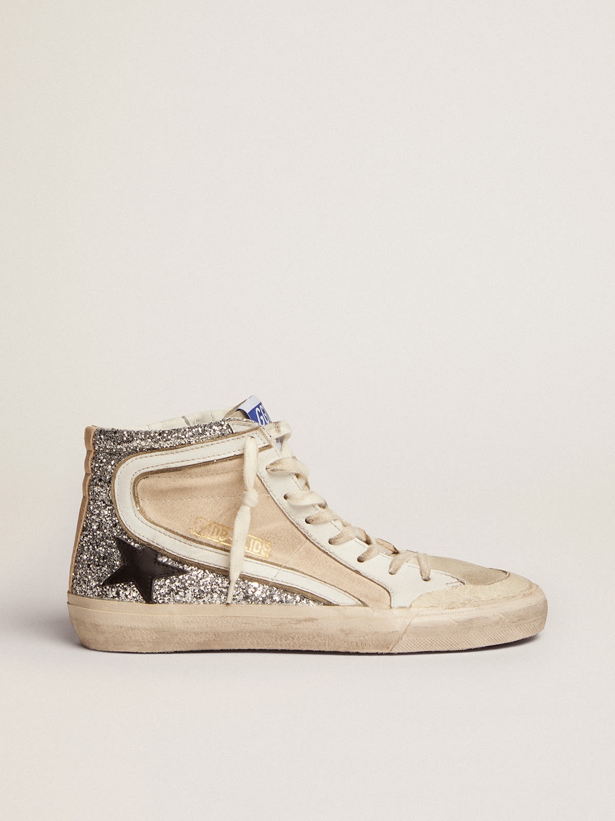 Golden Goose Penstar Slide sneakers in cream-colored canvas and silver  glitter with black leather star | REVERSIBLE