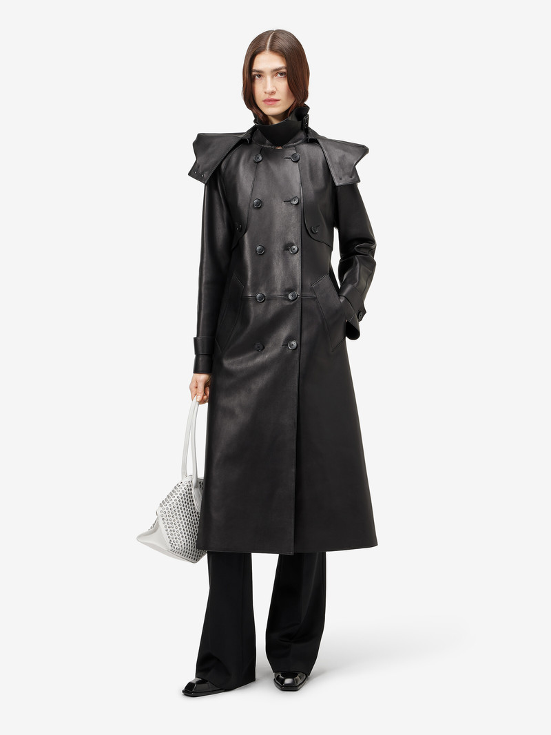 Women's Leather Hooded Trench Coat in Black 1