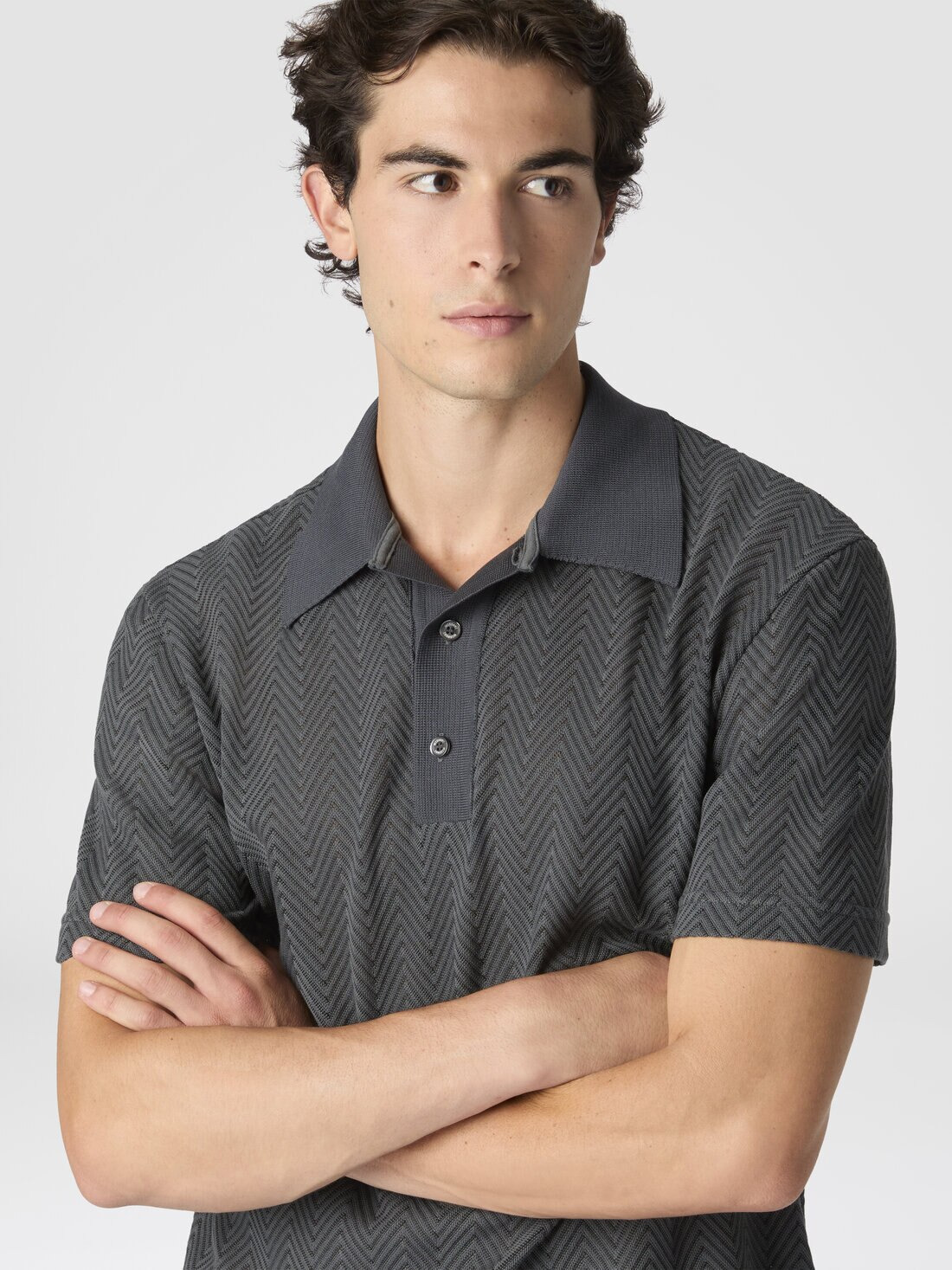 Cotton and viscose polo shirt with tone-on-tone zigzag - 4