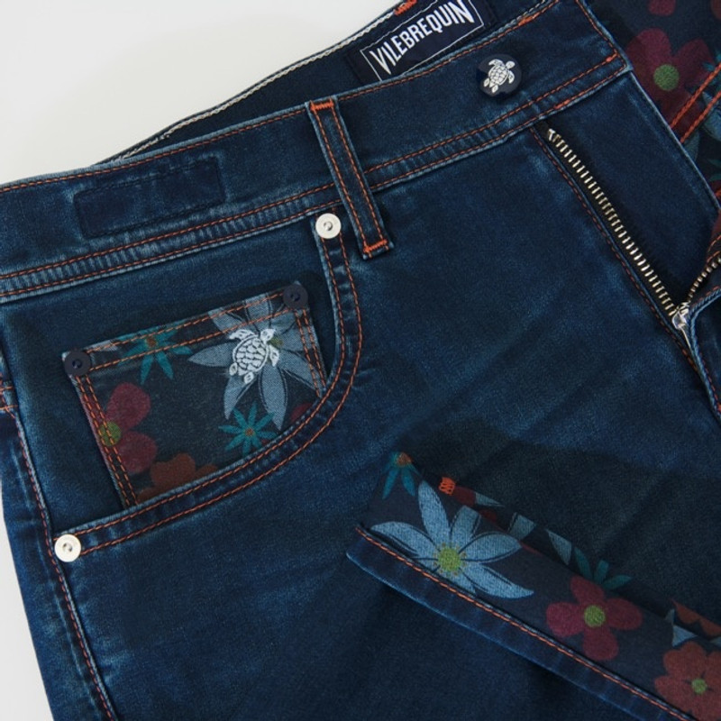 Men Denim Bermuda Shorts printed 1977 Spring Flower 6