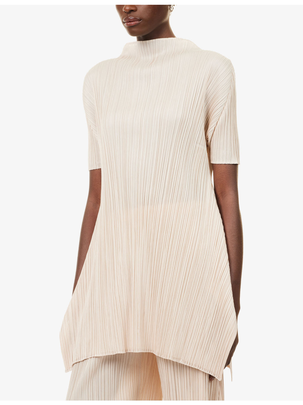 Mock-Neck Short-Sleeve Knitted Tunic Top - 3