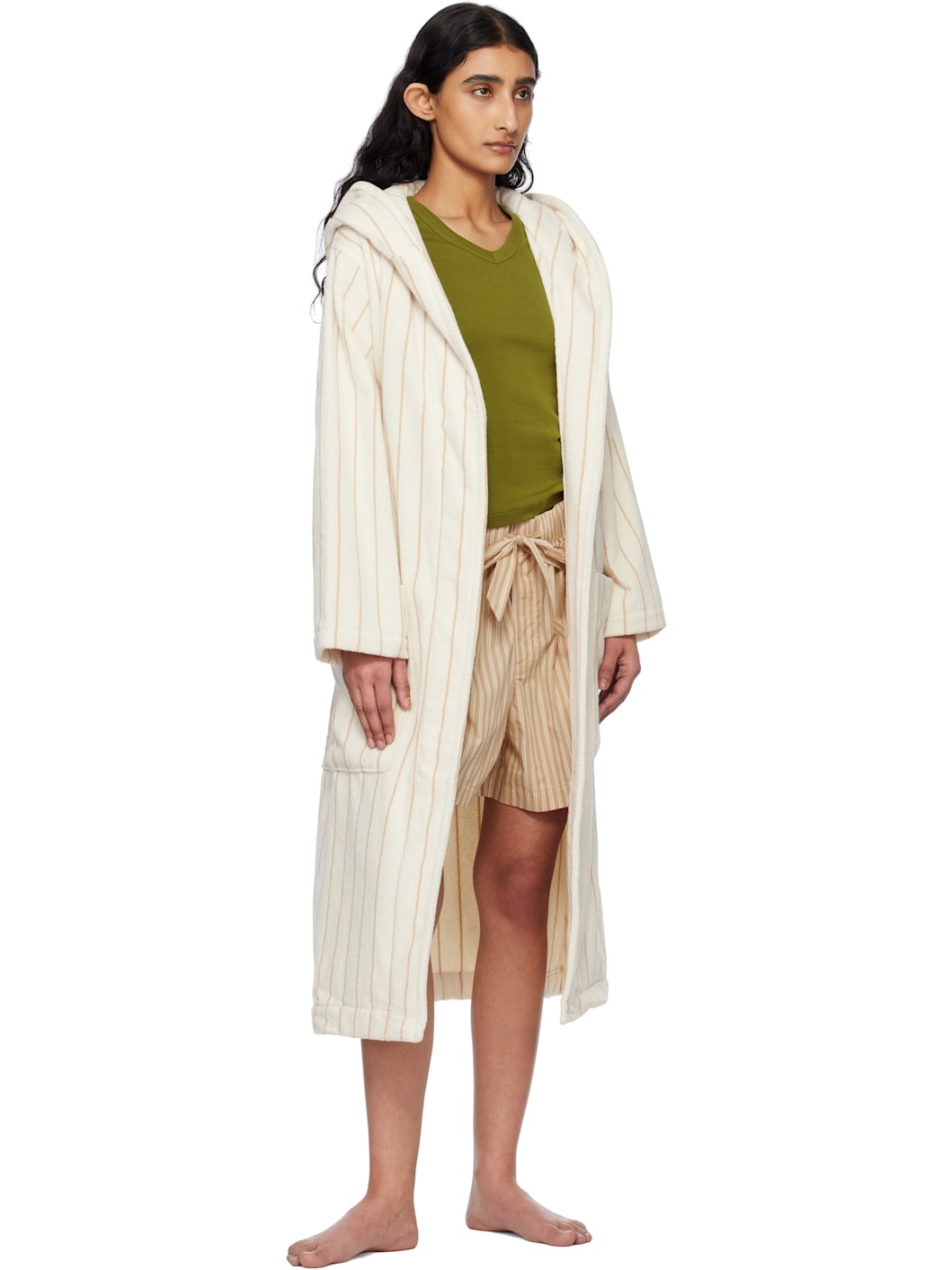 Beige & Tan Terry Hooded Bathrobe - 4