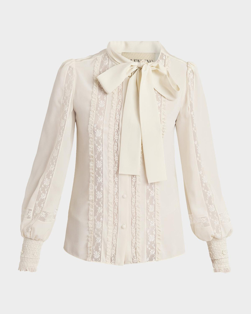 Lace-Inset Ruffle Bow-Neck Silk Shirt 1