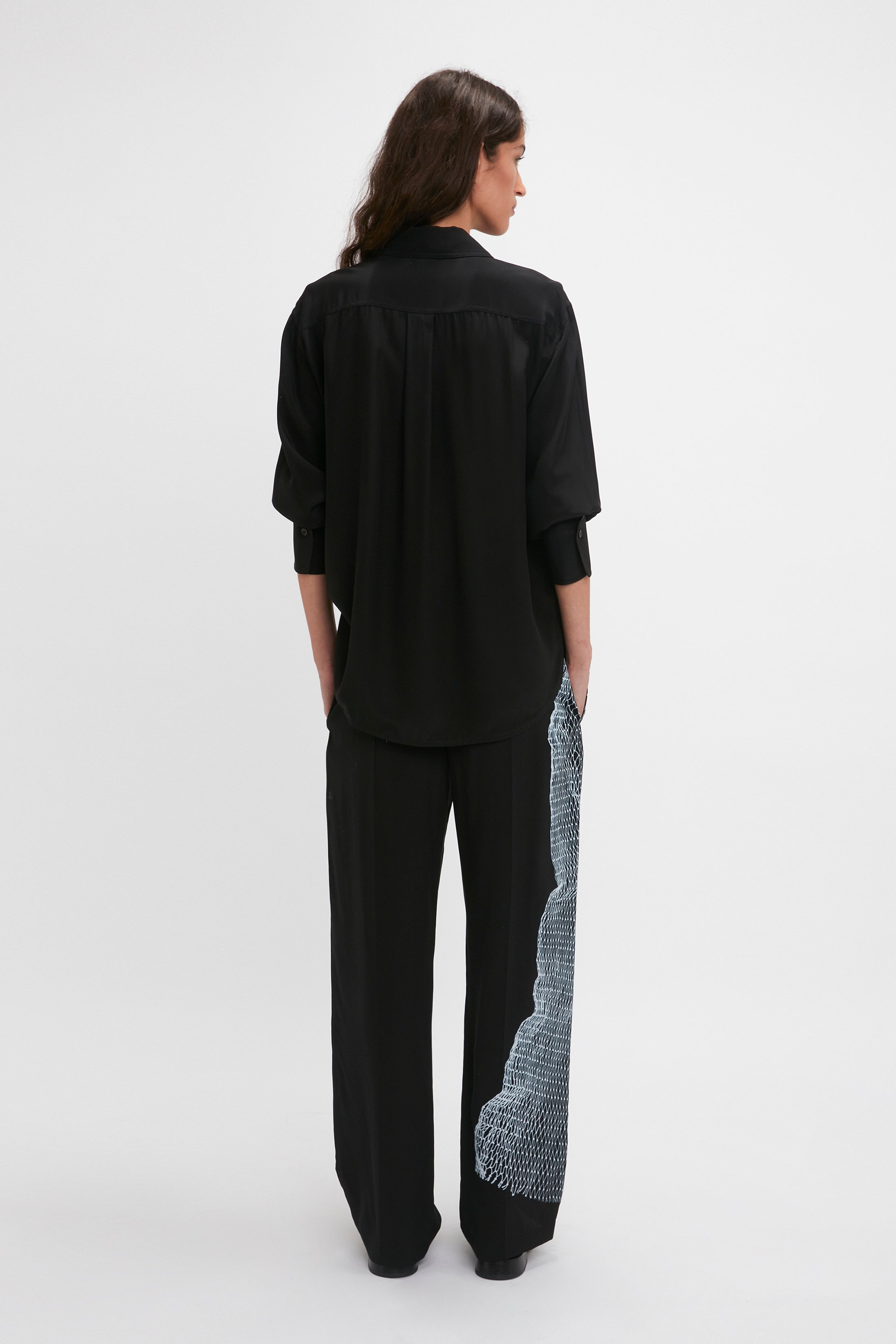 Long Sleeve Pyjama Shirt In Black-White Contorted Net - 4