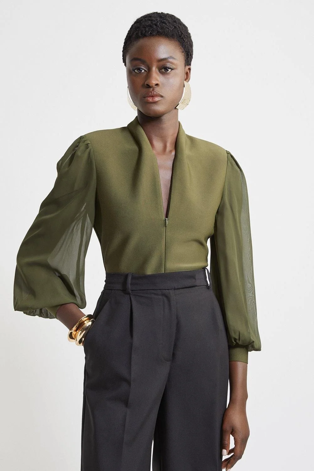 Bandage Figure Form Zip Detail Chiffon Sleeve Knit Top - 1