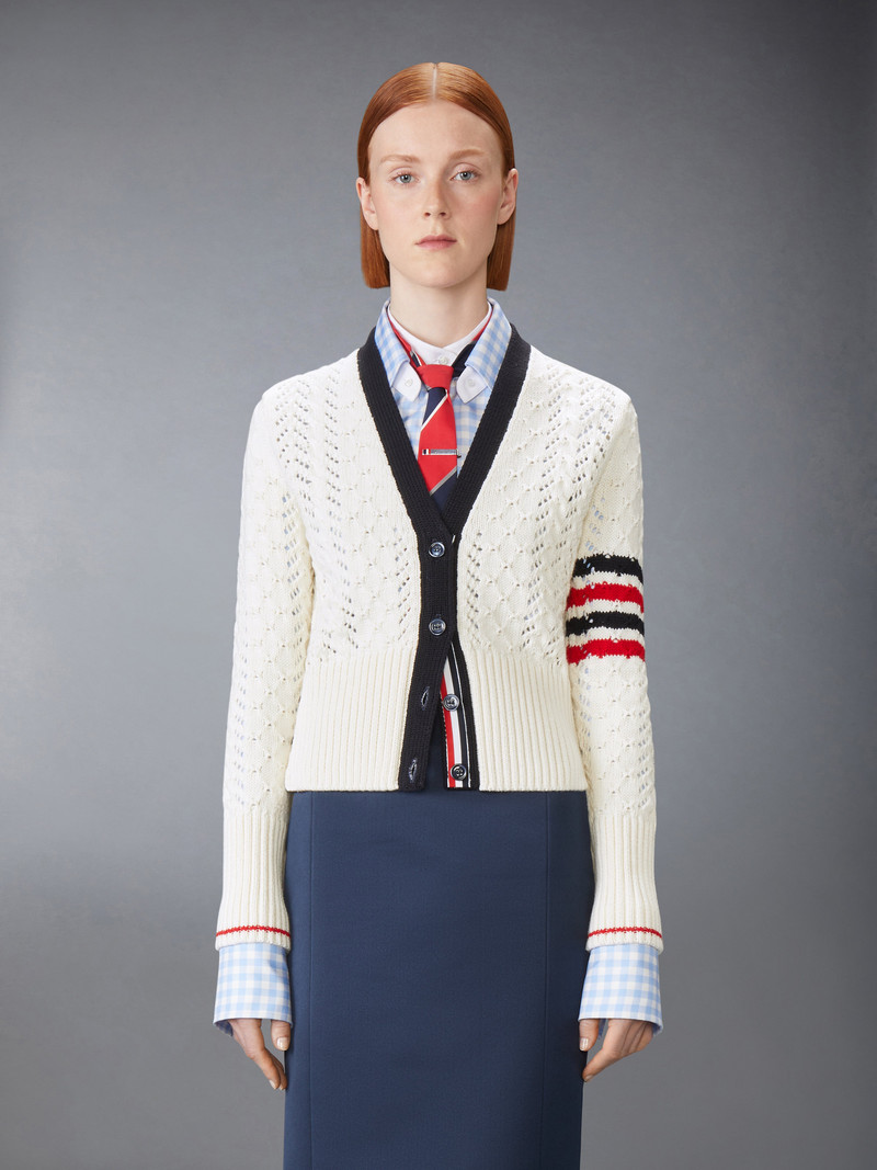 Thom Browne CABLE POINTELLE STITCH MERINO WOOL 4-BAR CARDIGAN outlook