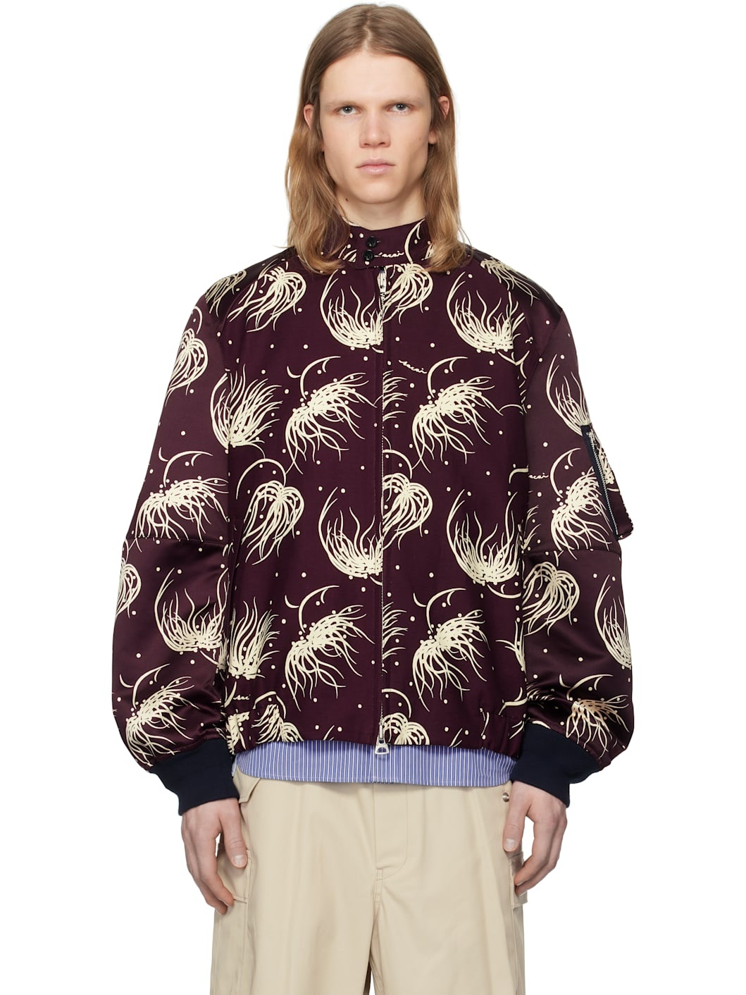 Burgundy Dot Flower Print Bomber Jacket - 1