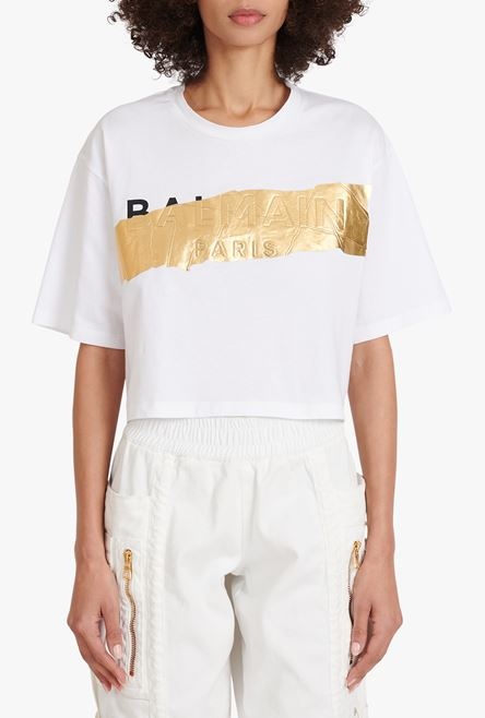 Cropped white cotton T-shirt with gold-tone Balmain logo - 5