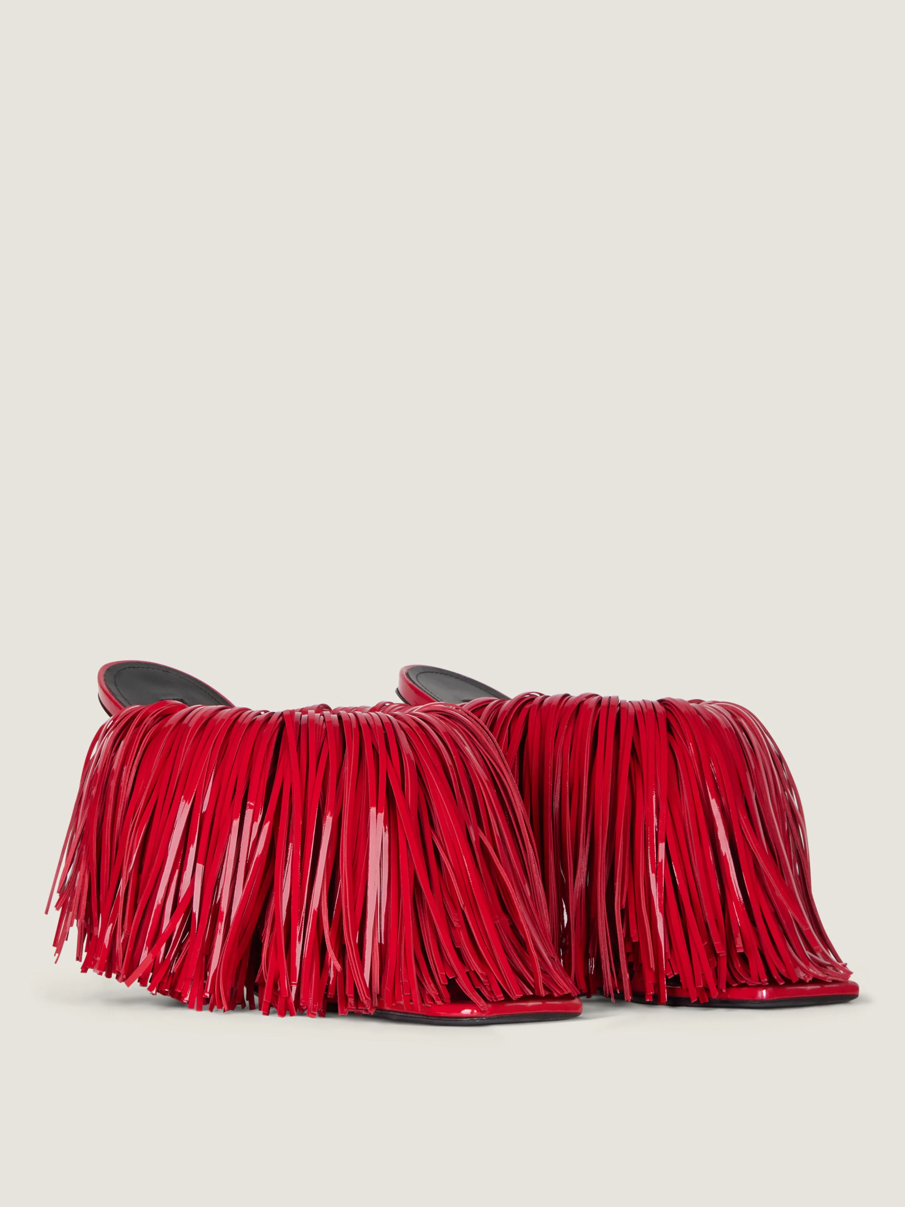 BOUDOIR HEELED MULES IN PATENT LEATHER WITH FRINGES - 1