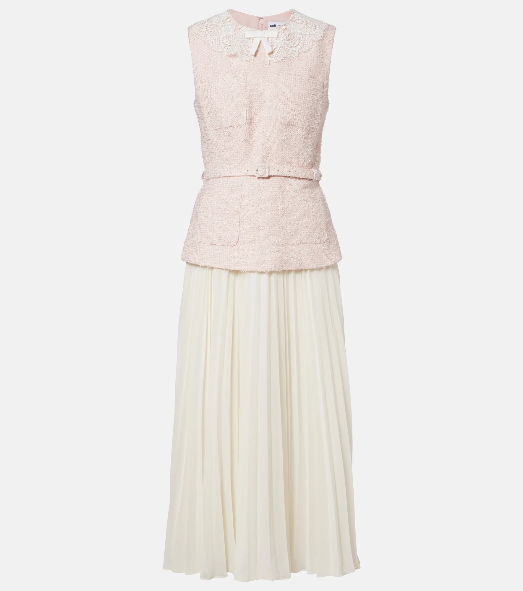 Belted pleated bouclé and chiffon midi dress - 1