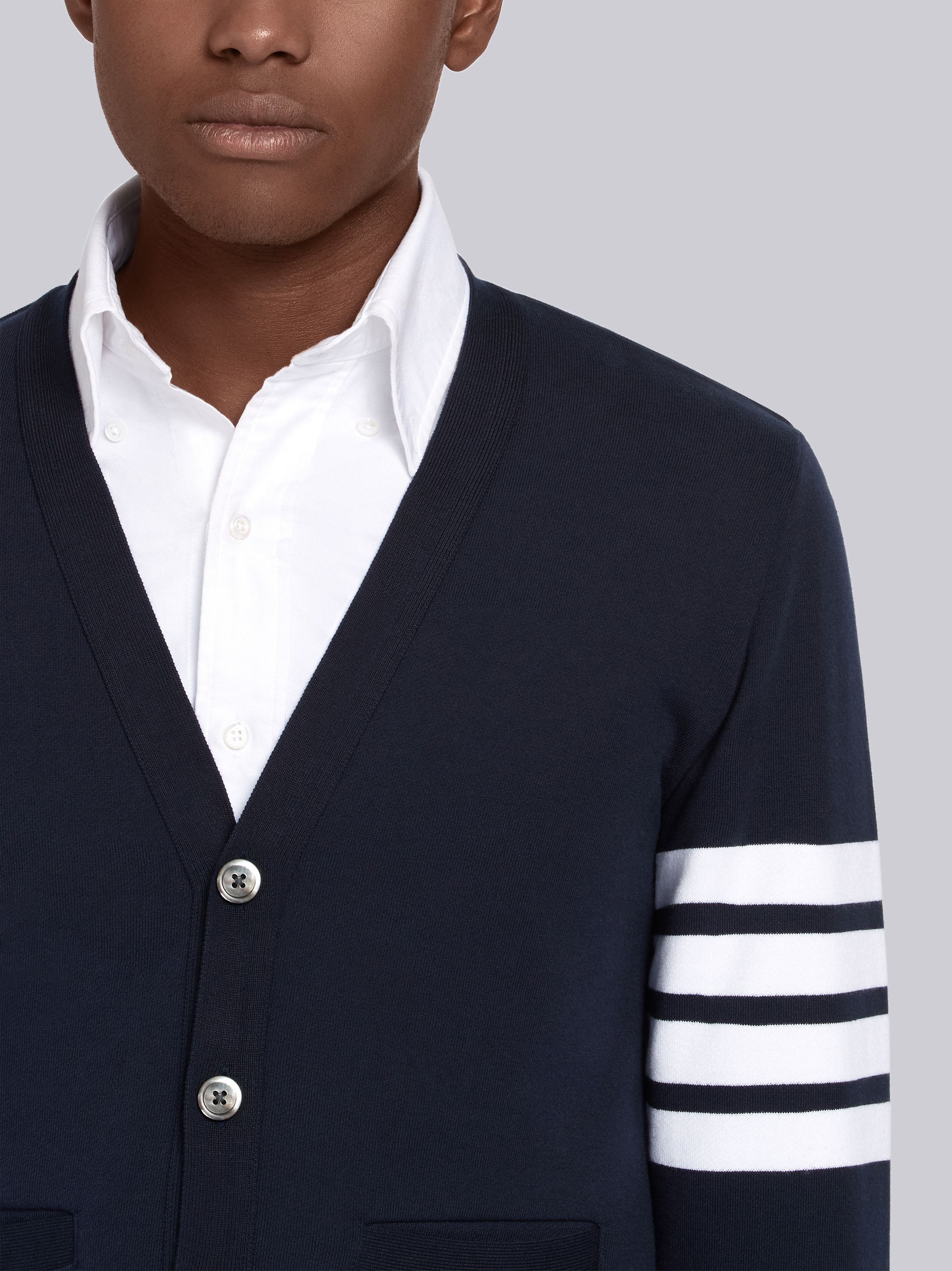 Navy 4-Bar Loopback Jersey V-Neck Cardigan - 5