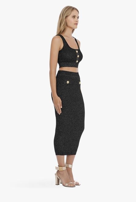 Long black knit and lurex high-waisted skirt with gold-tone buttons - 7