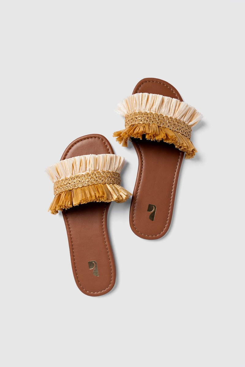 Larroudé Bahia Fringe Flat In Beige And Peanut Raffia outlook