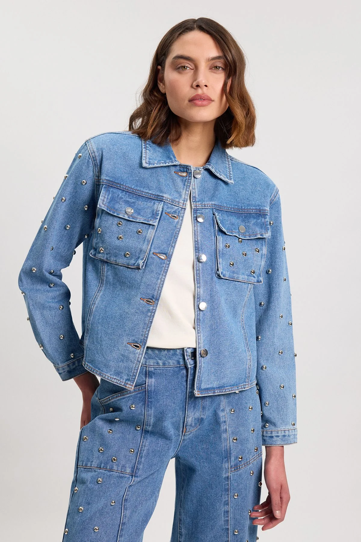 Denim Studded Collared Jacket - 1