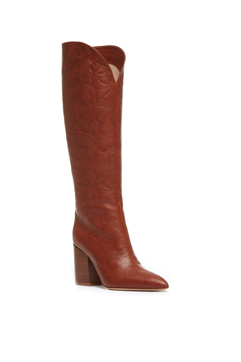 Debossed Knee-High Cora Boots in Cognac Leather 2