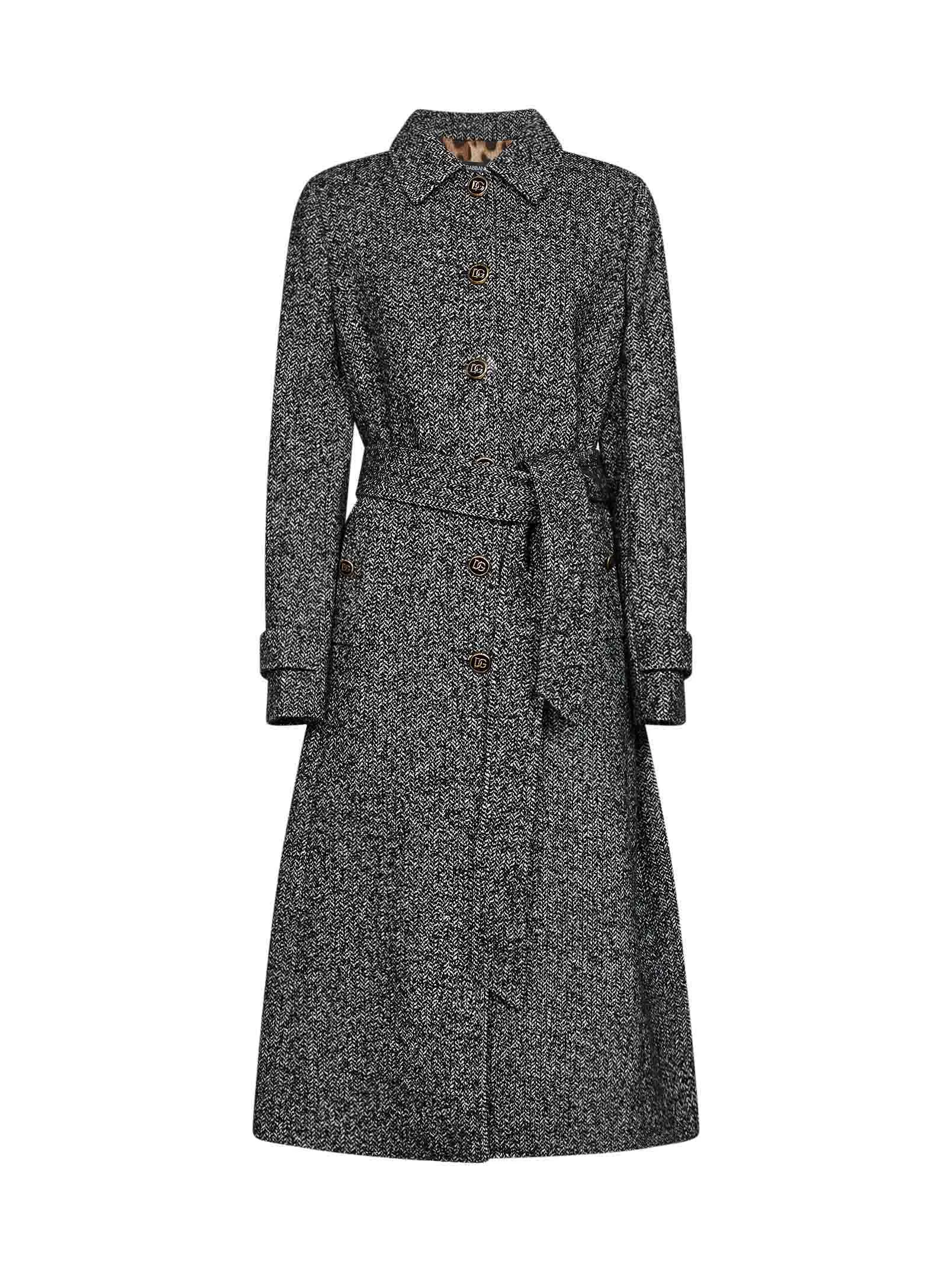 Black and white chevron wool-blend belted coat - 1