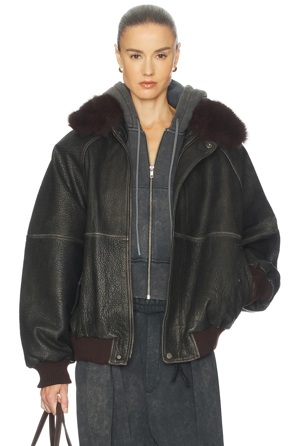 The Oversized Leather Bomber With Faux Fur Collar - 1
