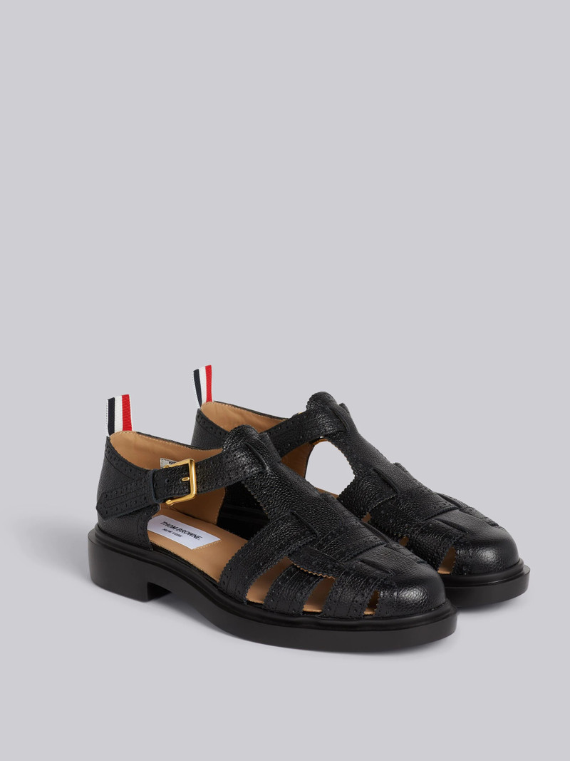 Black Pebble Grain Leather Lightweight Rubber Sole Brogued Fisherman Sandal 3