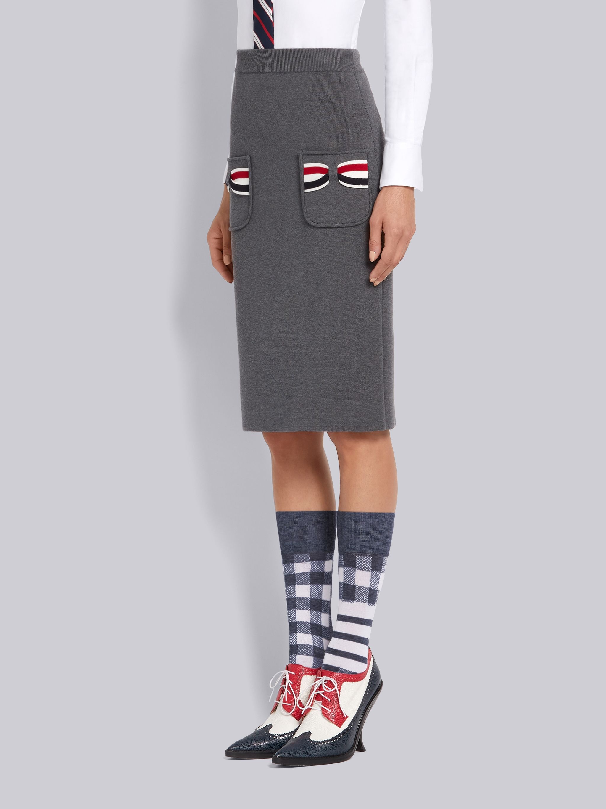 Medium Grey Double Face Cotton Striped Bow Pocket Pencil Skirt - 2