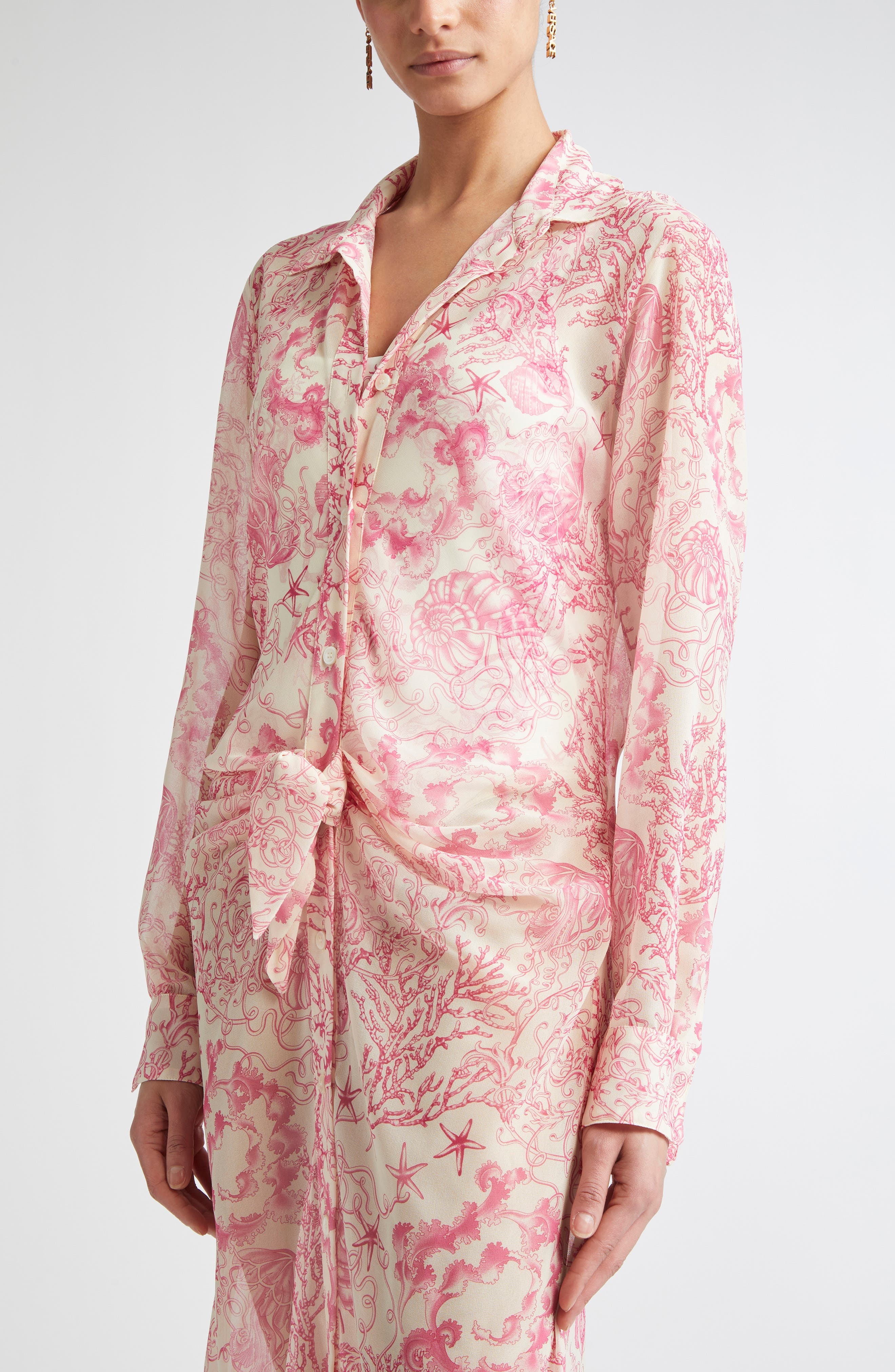 Versace Underwater Barocco Long Sleeve Cover-Up Shirtdress in Eggshell/Dragonfruit at Nordstrom - 4
