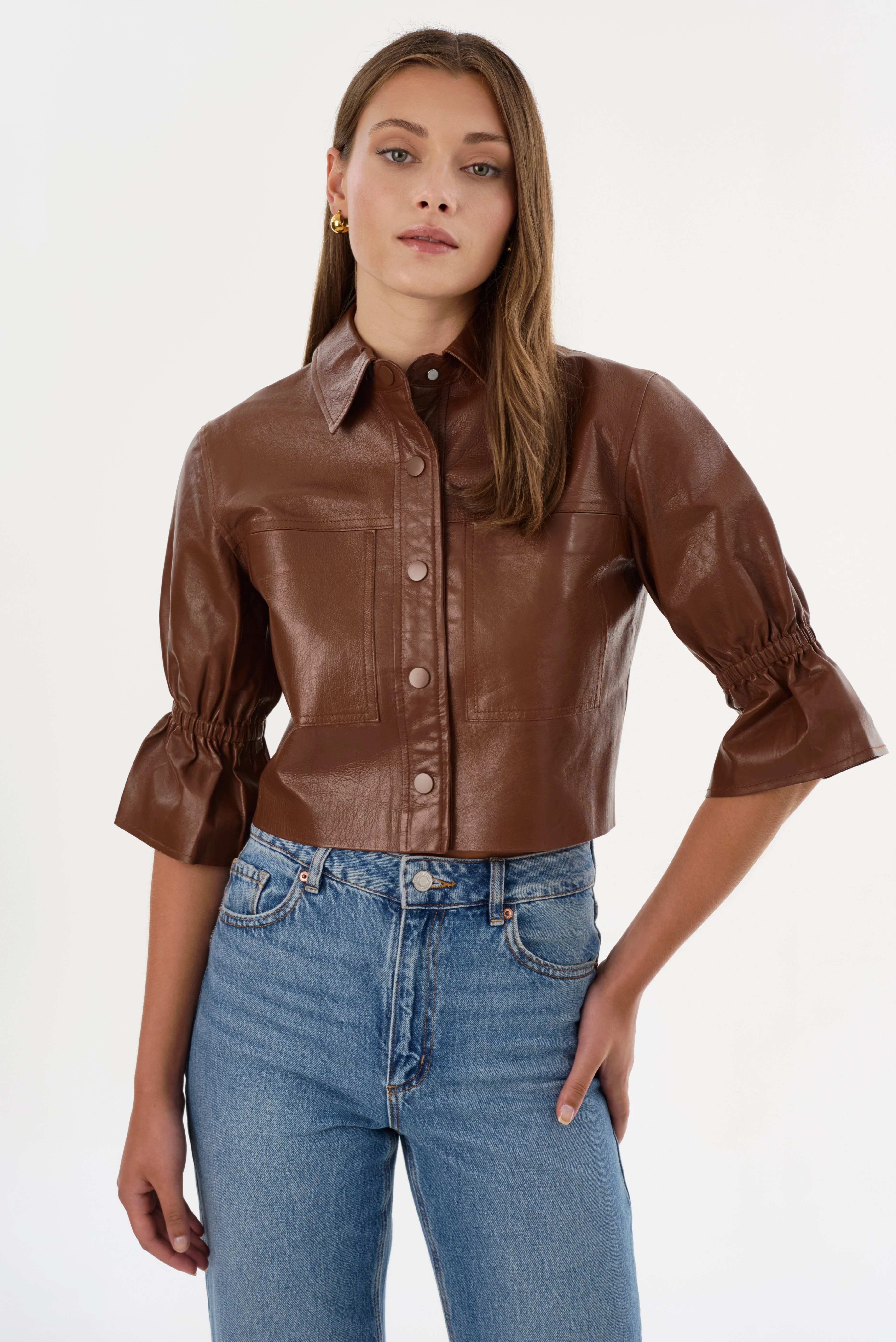 CAROLINA | Ruffle Sleeve Leather Jacket - 1