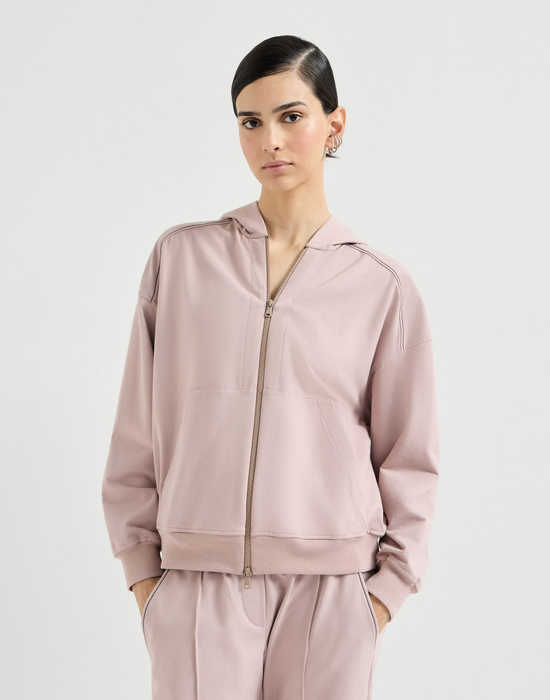 Stretch cotton lightweight French terry hooded sweatshirt with zipper and shiny trims 2