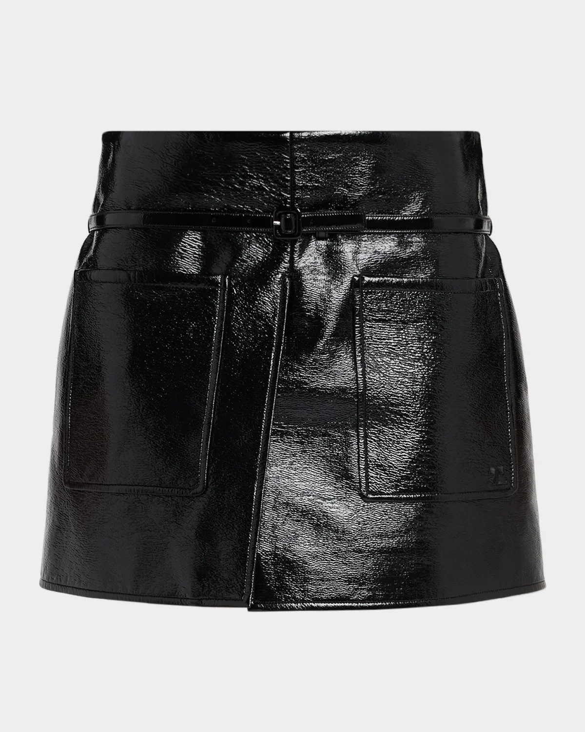 Two Pockets Vinyl Mini Skirt With Belt - 1